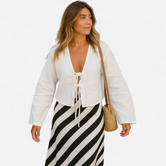 Old Monarchy | Women’s Lace-Up Bow Shirt – Elegant V-Neck Top for Spring & Summer