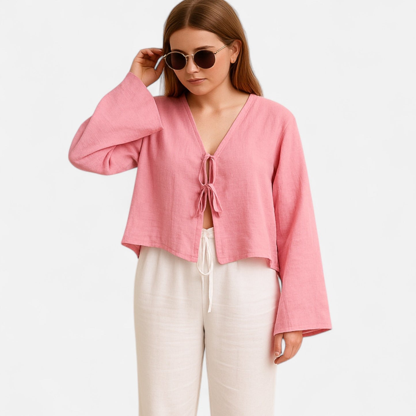 Old Monarchy | Women’s Lace-Up Bow Shirt – Elegant V-Neck Top for Spring & Summer