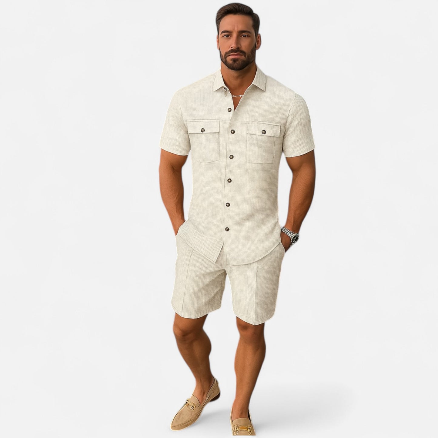 Old Monarchy | Men’s Waffle Knit Summer Set – Relaxed Texture, Refined Off-Duty Style