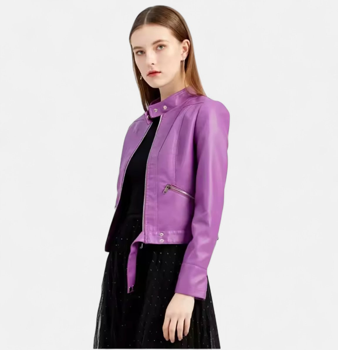 Old Monarchy | Women’s PU Leather Short Jacket – Stand Collar, Belted Design