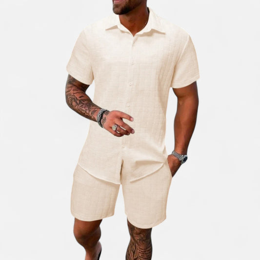 Old Monarchy | Men’s Jacquard Summer Co-Ord Set – Textured Elegance, Relaxed Travel Comfort