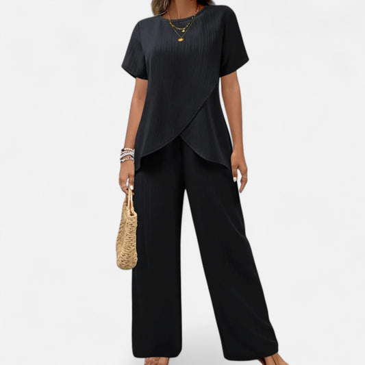 Old Monarchy | Women’s Asymmetrical Two-Piece Set – Textured Elegance with Wide-Leg Trousers & Sculpted Top