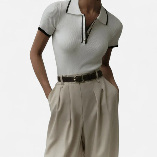 Old Monarchy | Women’s Contrast Lapel Knitted Pullover – Elegant Short Sleeve Sweater Top