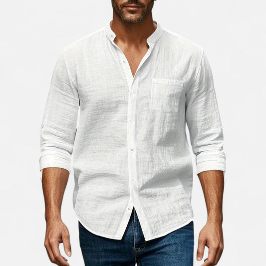 Old Monarchy | Men’s Stand-Up Collar Linen Shirt – Long Sleeve Breathable Comfort with Refined Casual Style