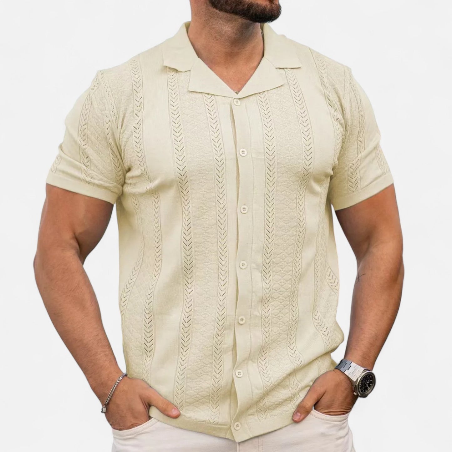 Old Monarchy | Men’s Patchwork Stripe Knit Shirt – Contemporary Texture, Breezy Summer Sophistication