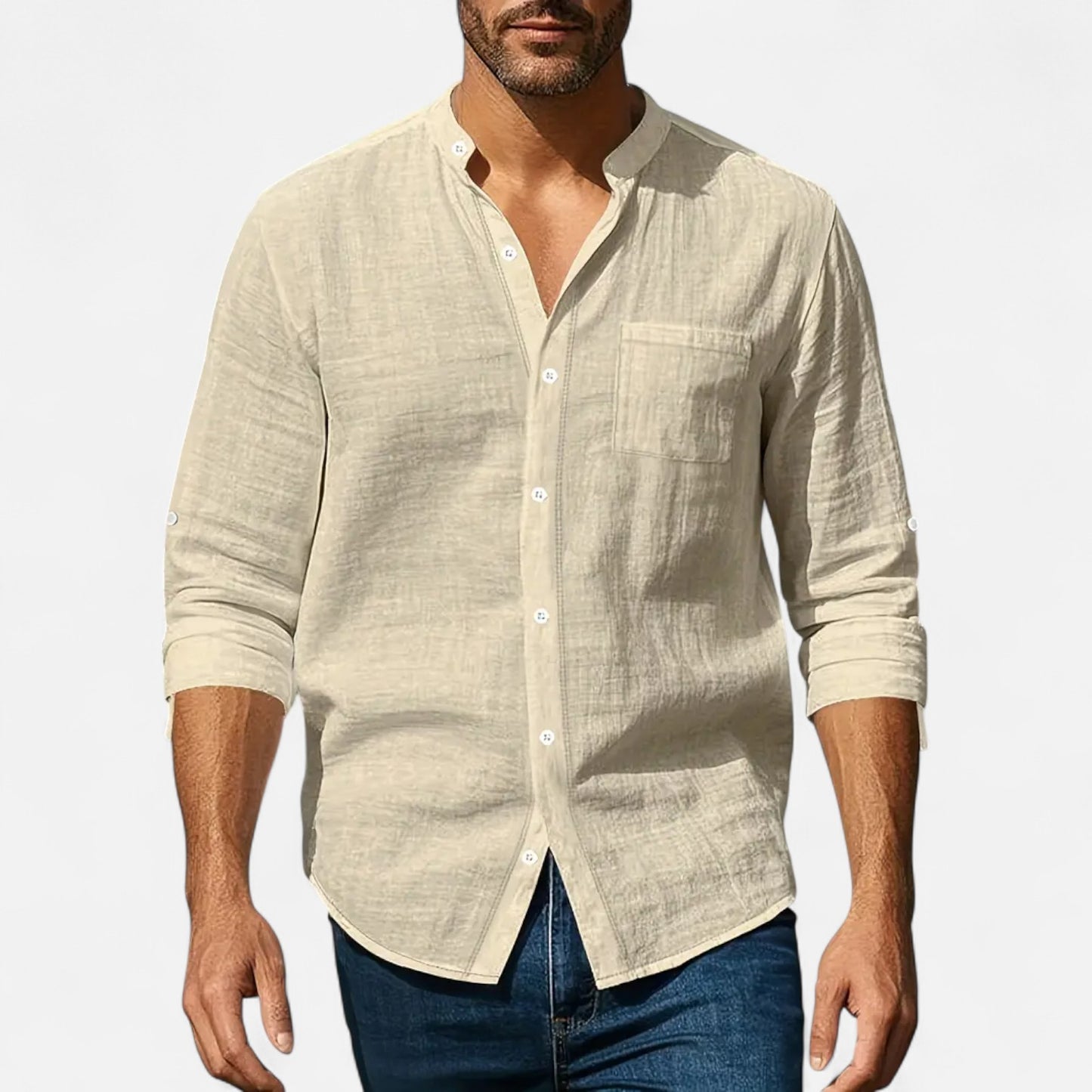 Old Monarchy | Men’s Stand-Up Collar Linen Shirt – Long Sleeve Breathable Comfort with Refined Casual Style