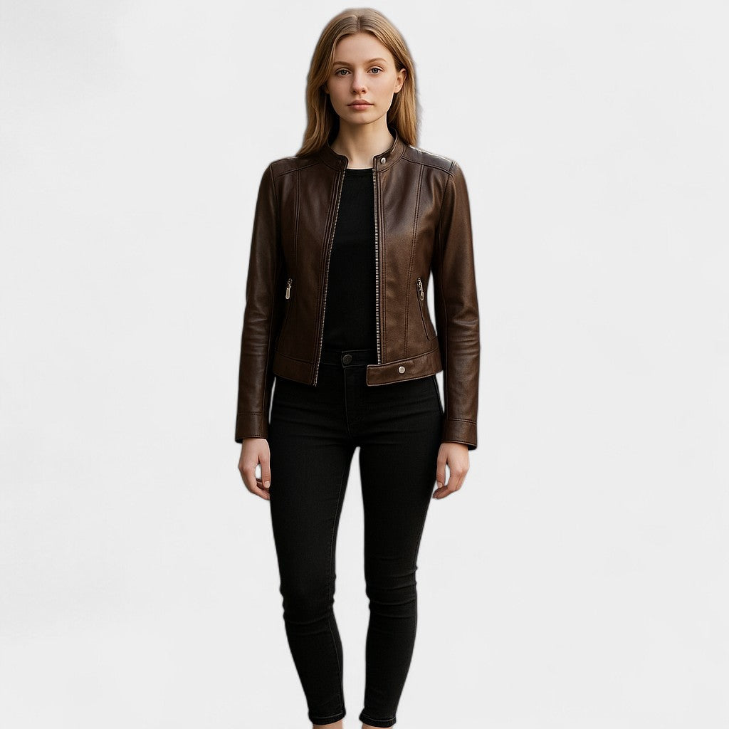 Old Monarchy | Women’s PU Leather Short Jacket – Stand Collar, Belted Design