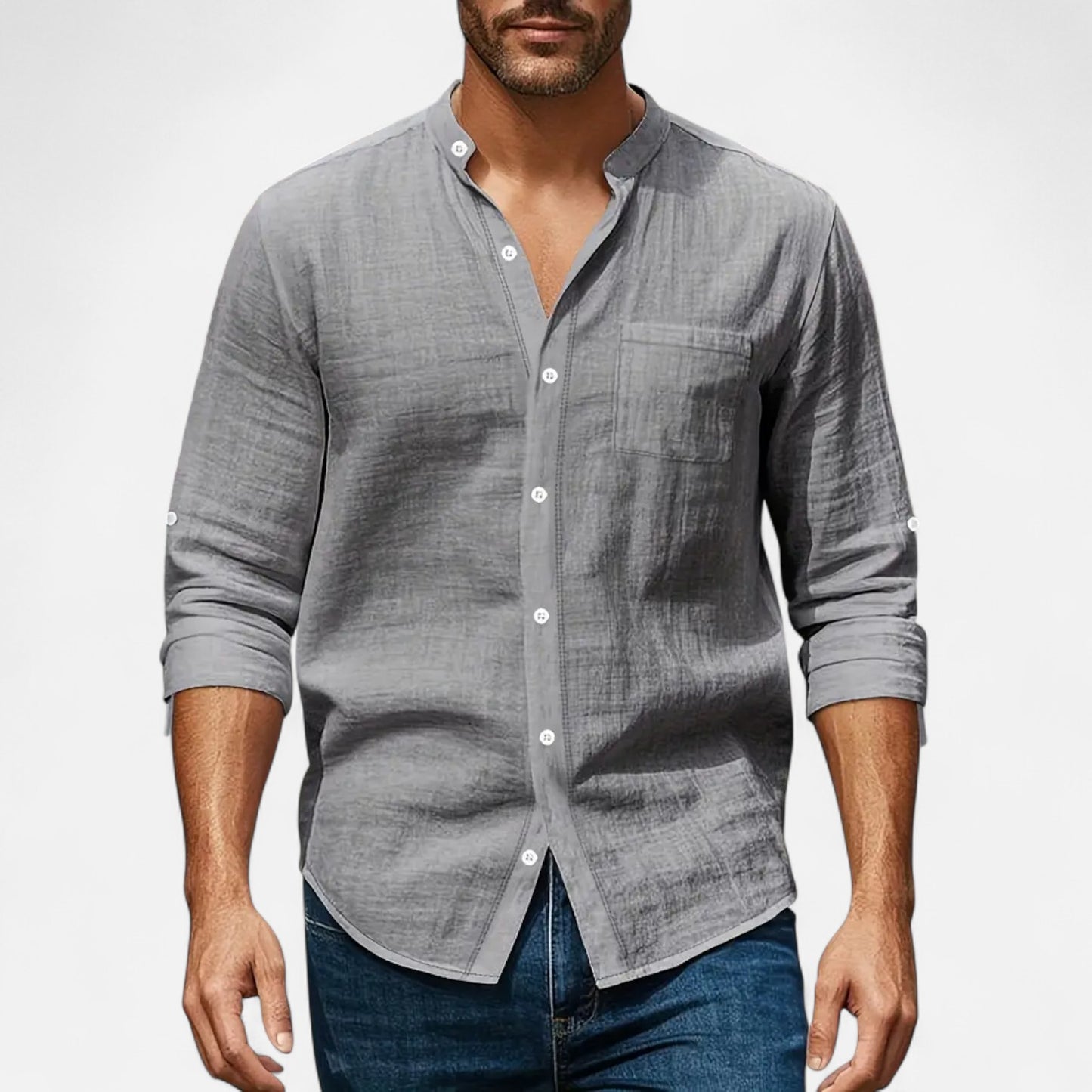 Old Monarchy | Men’s Stand-Up Collar Linen Shirt – Long Sleeve Breathable Comfort with Refined Casual Style