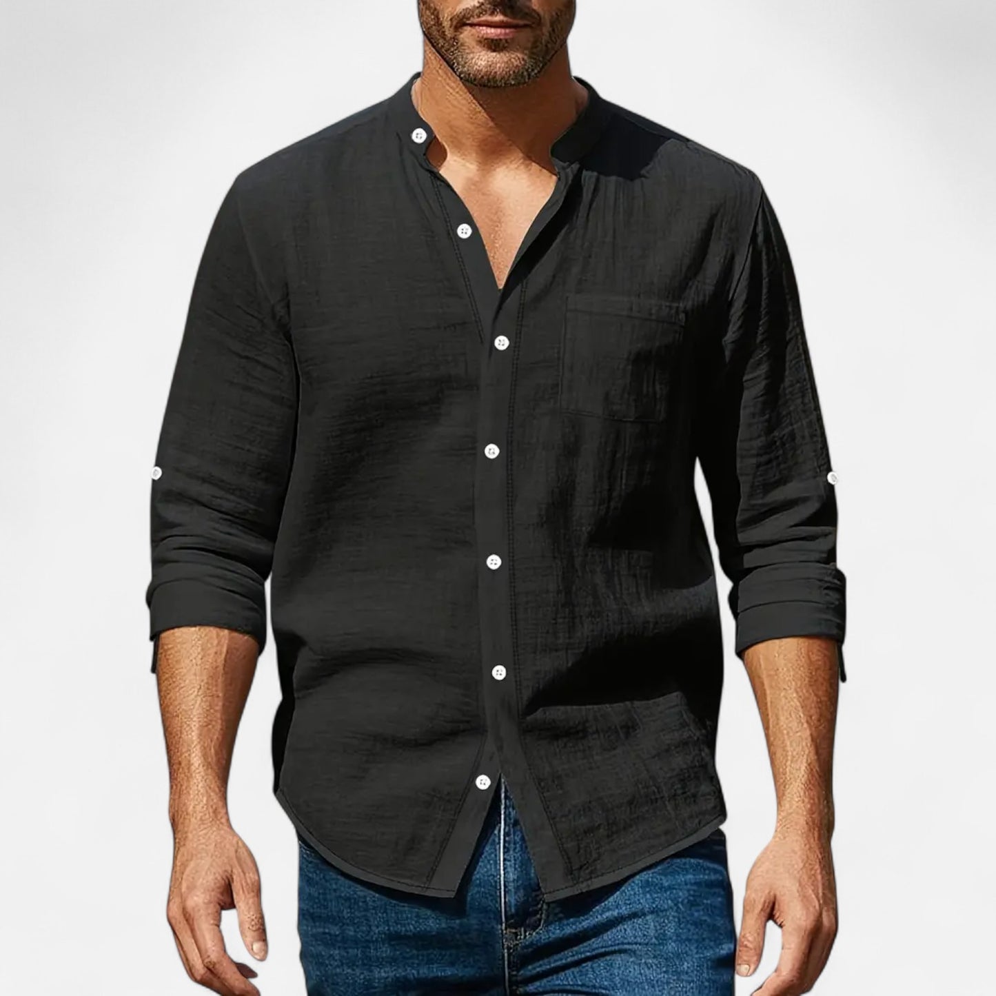 Old Monarchy | Men’s Stand-Up Collar Linen Shirt – Long Sleeve Breathable Comfort with Refined Casual Style