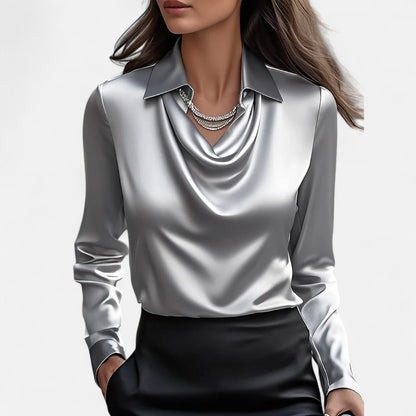Old Monarchy | Women's White Satin Blouse – Draped Neckline, Timeless Elegance