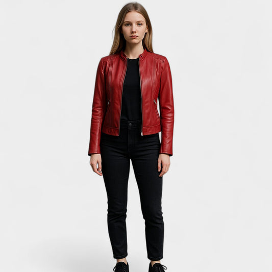 Old Monarchy | Women’s PU Leather Short Jacket – Stand Collar, Belted Design