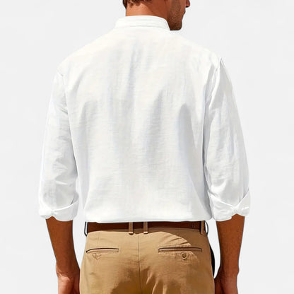Old Monarchy | Men’s Stand-Up Collar Linen Shirt – Long Sleeve Breathable Comfort with Refined Casual Style