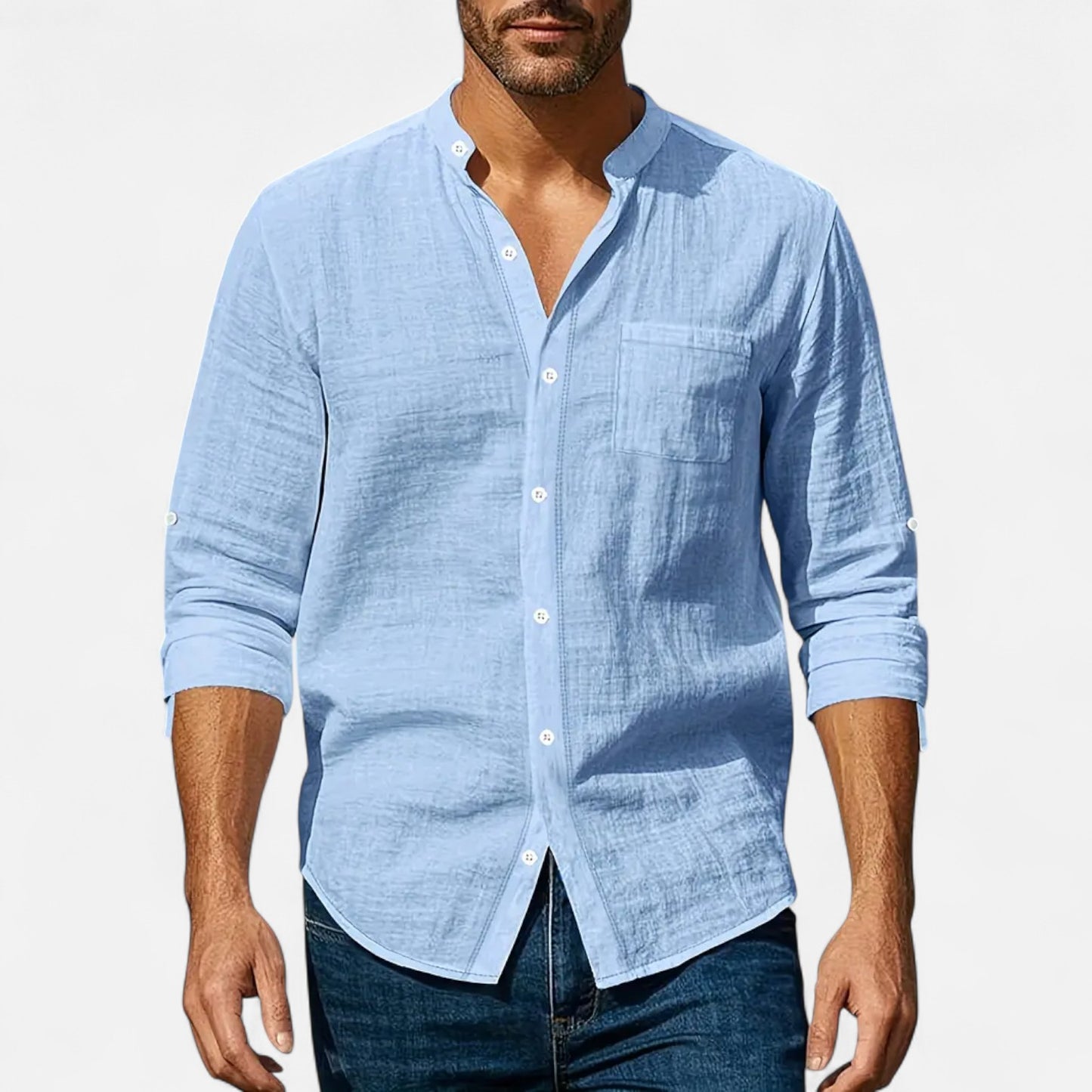 Old Monarchy | Men’s Stand-Up Collar Linen Shirt – Long Sleeve Breathable Comfort with Refined Casual Style