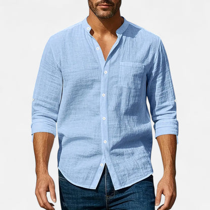 Old Monarchy | Men’s Stand-Up Collar Linen Shirt – Long Sleeve Breathable Comfort with Refined Casual Style