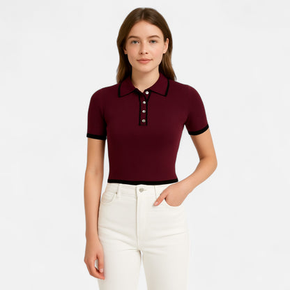 Old Monarchy | Women’s Contrast Lapel Knitted Pullover – Elegant Short Sleeve Sweater Top