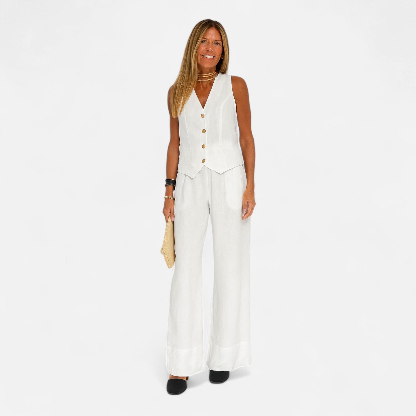 Old Monarchy | Women’s V-Neck Vest & Wide-Leg Trousers Set – Sleek Tailoring with Button Detail for Commute & Casual Elegance