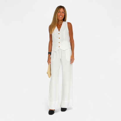 Old Monarchy | Women’s V-Neck Vest & Wide-Leg Trousers Set – Sleek Tailoring with Button Detail for Commute & Casual Elegance