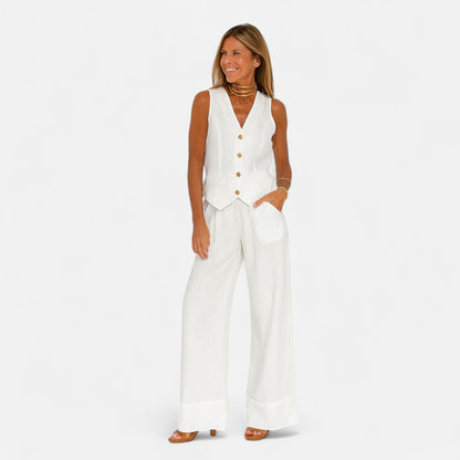 Old Monarchy | Women’s V-Neck Vest & Wide-Leg Trousers Set – Sleek Tailoring with Button Detail for Commute & Casual Elegance