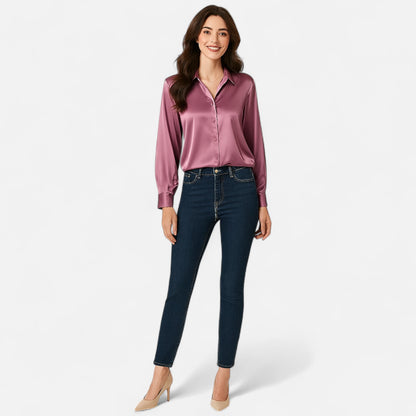 Old Monarchy | Women’s Satin Button-Up Blouse – Polished Long Sleeve Elegance for Casual & Professional Wear