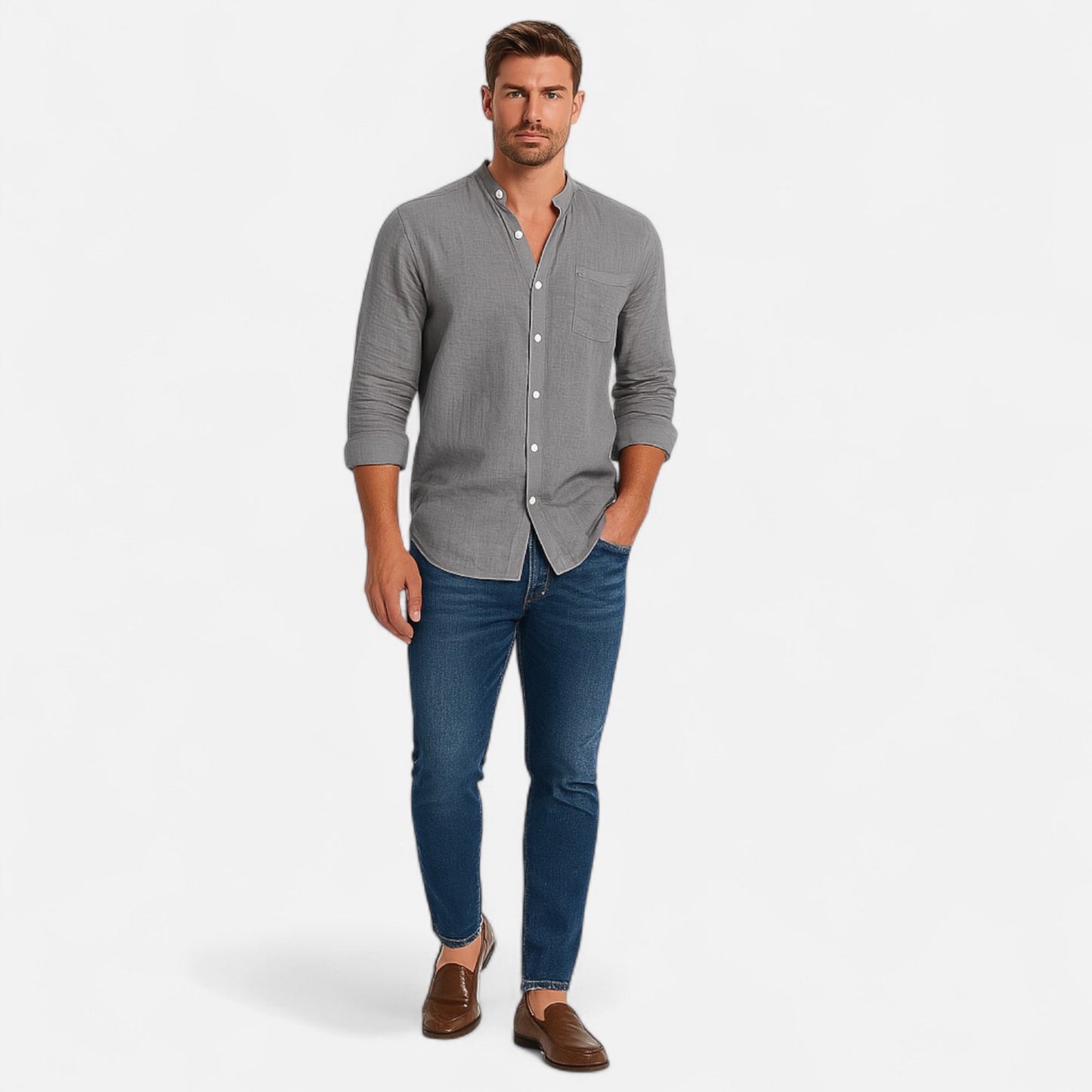 Old Monarchy | Men’s Stand-Up Collar Linen Shirt – Long Sleeve Breathable Comfort with Refined Casual Style
