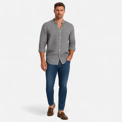 Old Monarchy | Men’s Stand-Up Collar Linen Shirt – Long Sleeve Breathable Comfort with Refined Casual Style