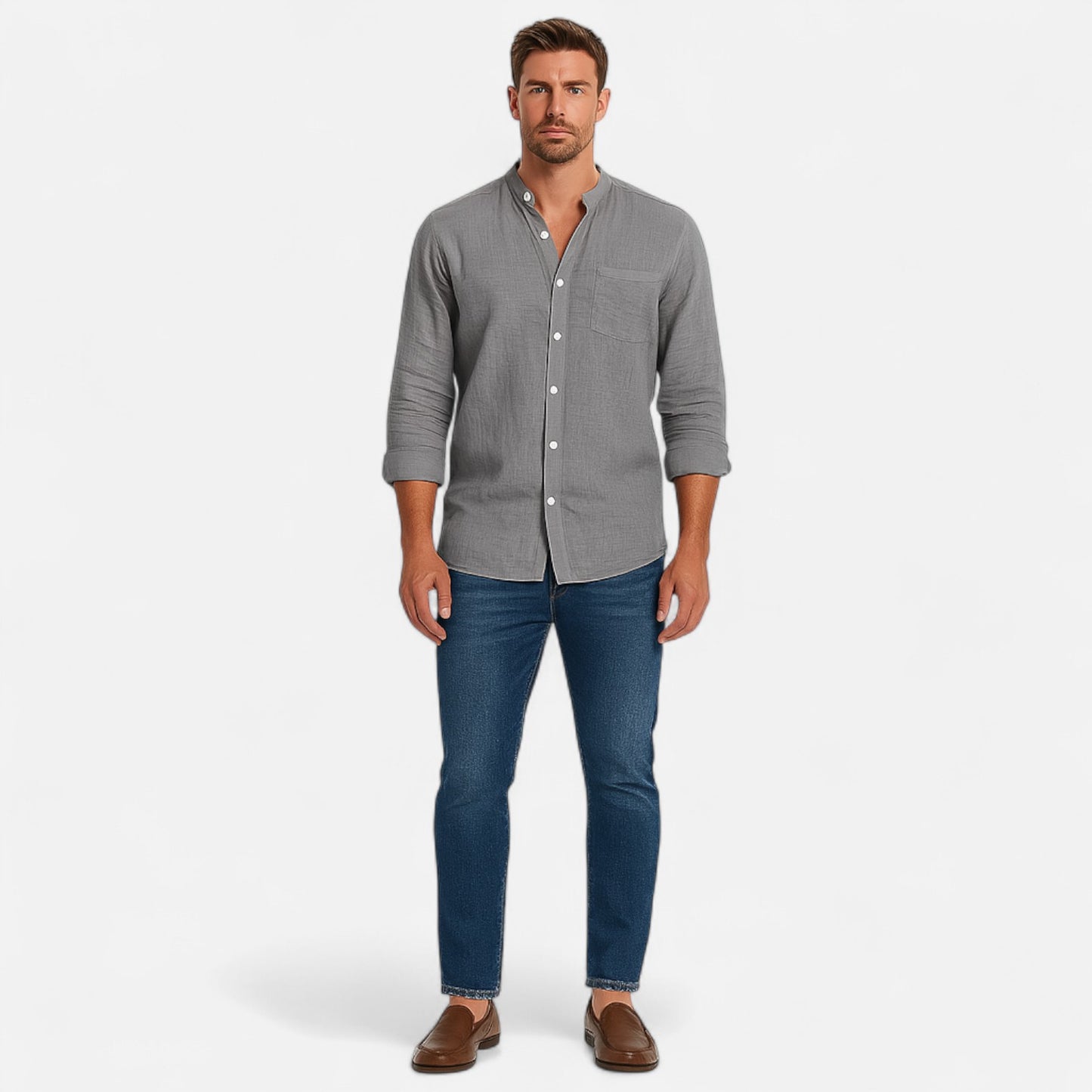 Old Monarchy | Men’s Stand-Up Collar Linen Shirt – Long Sleeve Breathable Comfort with Refined Casual Style
