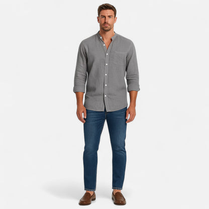 Old Monarchy | Men’s Stand-Up Collar Linen Shirt – Long Sleeve Breathable Comfort with Refined Casual Style