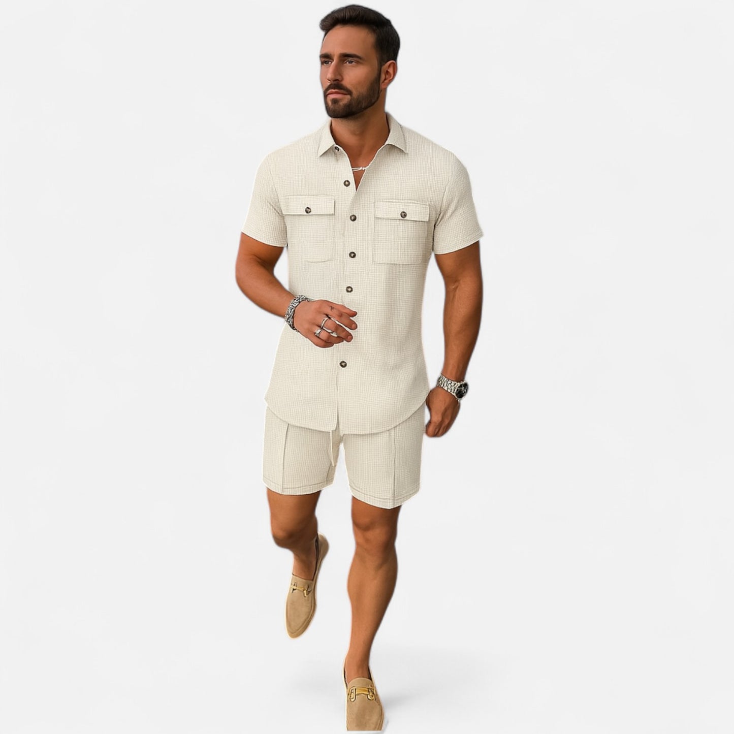 Old Monarchy | Men’s Waffle Knit Summer Set – Relaxed Texture, Refined Off-Duty Style