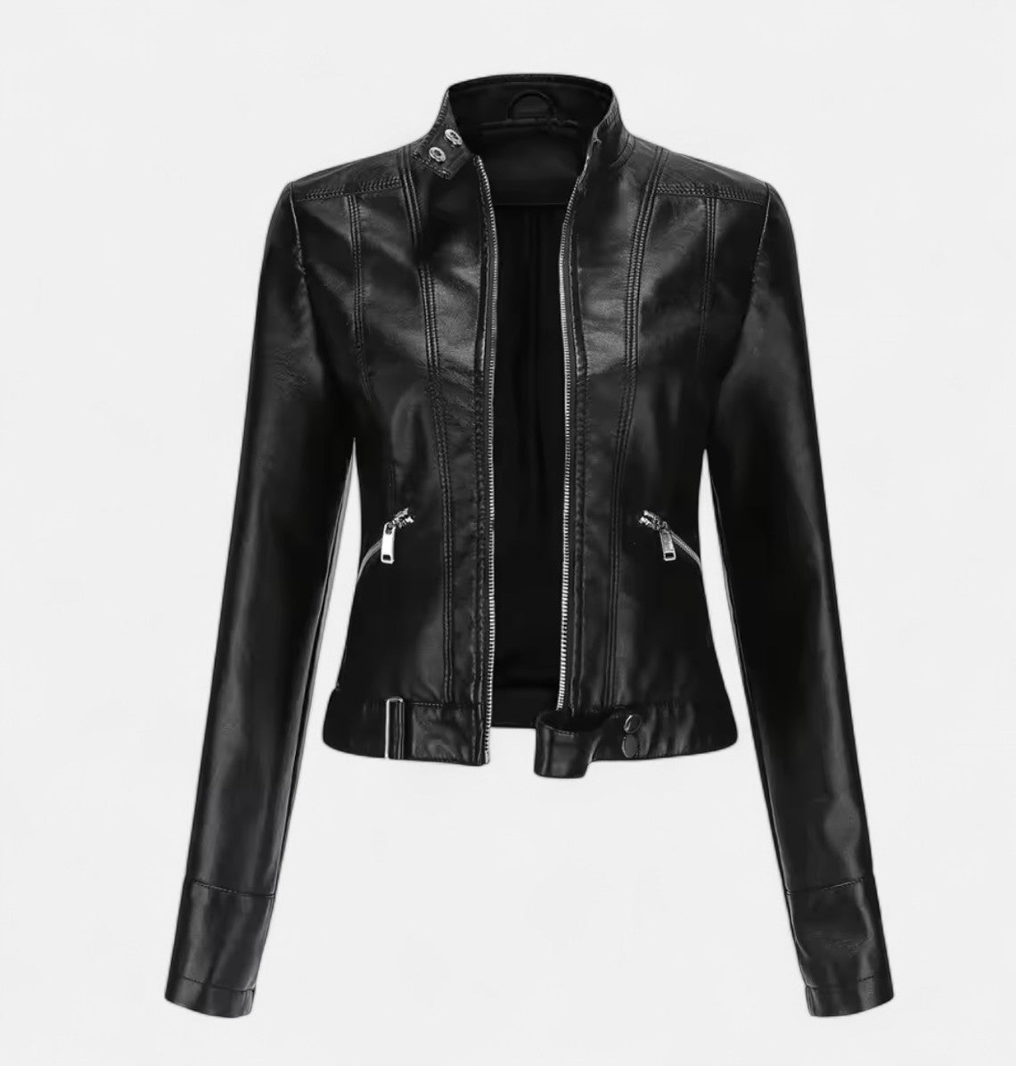 Old Monarchy | Women’s PU Leather Short Jacket – Stand Collar, Belted Design