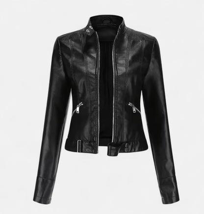 Old Monarchy | Women’s PU Leather Short Jacket – Stand Collar, Belted Design