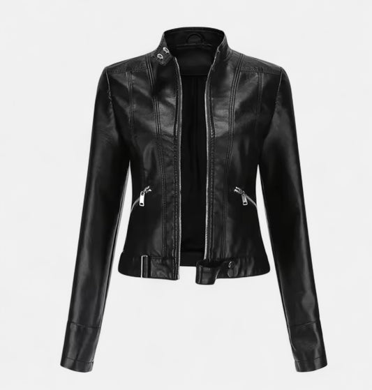 Old Monarchy | Women’s PU Leather Short Jacket – Stand Collar, Belted Design