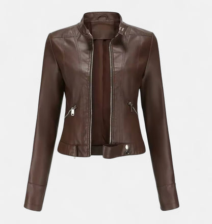 Old Monarchy | Women’s PU Leather Short Jacket – Stand Collar, Belted Design