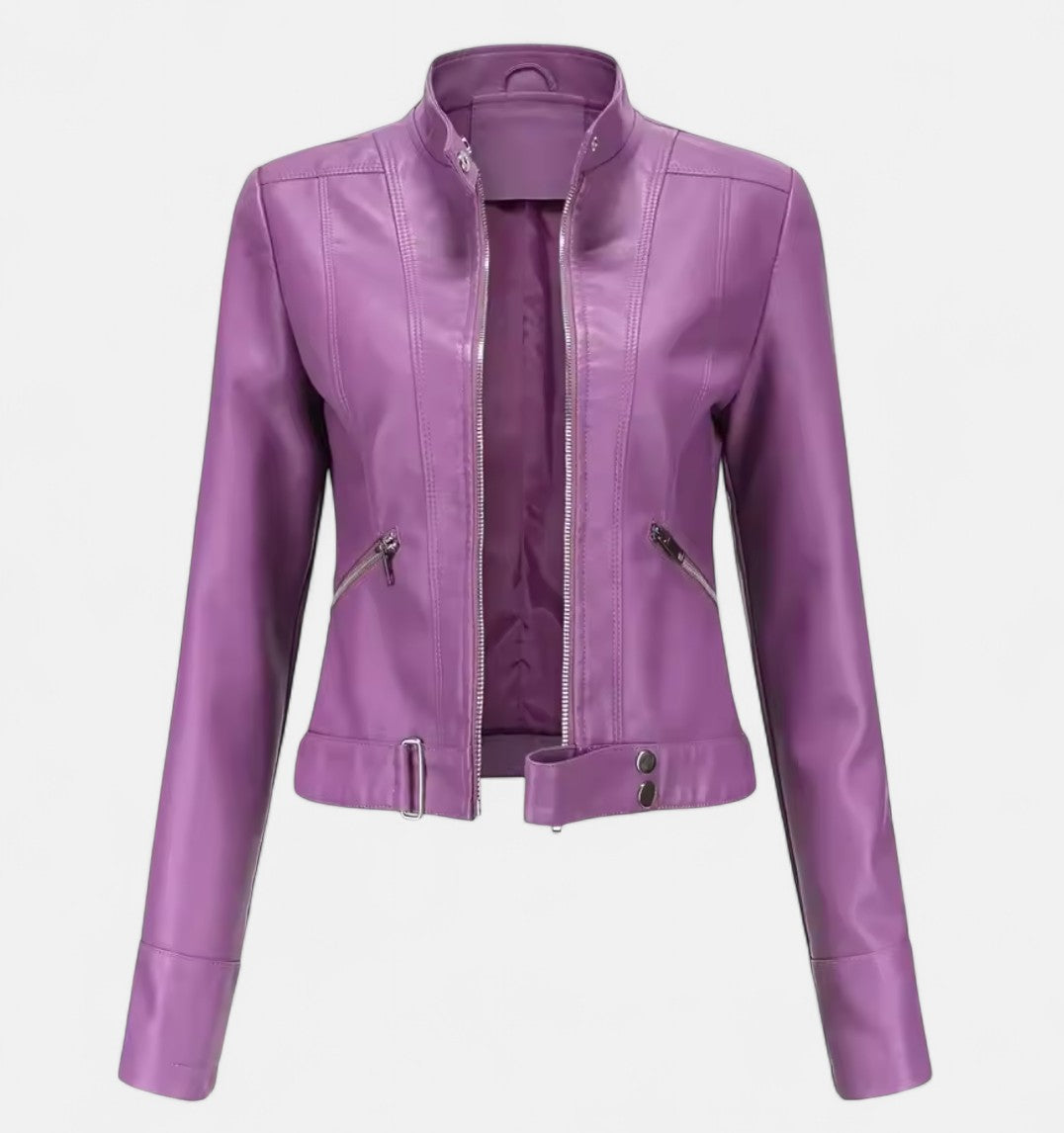 Old Monarchy | Women’s PU Leather Short Jacket – Stand Collar, Belted Design