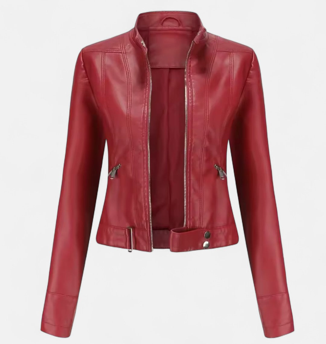 Old Monarchy | Women’s PU Leather Short Jacket – Stand Collar, Belted Design