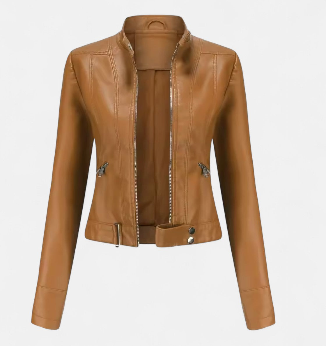 Old Monarchy | Women’s PU Leather Short Jacket – Stand Collar, Belted Design