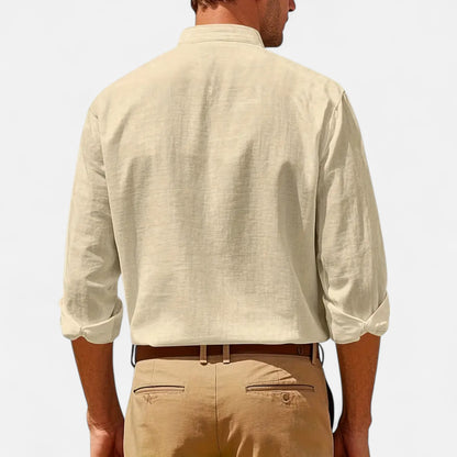 Old Monarchy | Men’s Stand-Up Collar Linen Shirt – Long Sleeve Breathable Comfort with Refined Casual Style