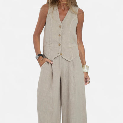 Old Monarchy | Women’s V-Neck Vest & Wide-Leg Trousers Set – Sleek Tailoring with Button Detail for Commute & Casual Elegance