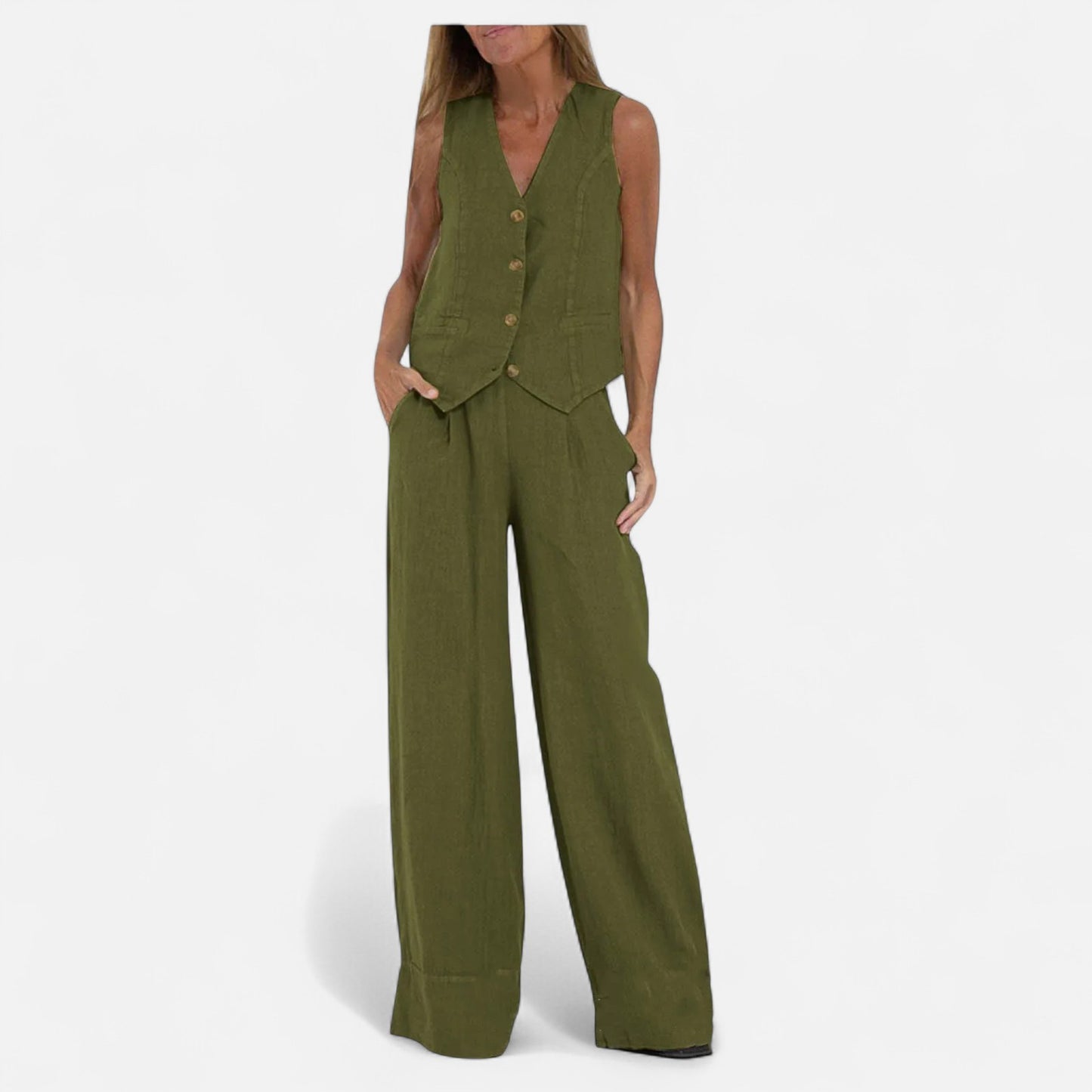 Old Monarchy | Women’s V-Neck Vest & Wide-Leg Trousers Set – Sleek Tailoring with Button Detail for Commute & Casual Elegance