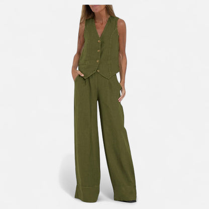 Old Monarchy | Women’s V-Neck Vest & Wide-Leg Trousers Set – Sleek Tailoring with Button Detail for Commute & Casual Elegance
