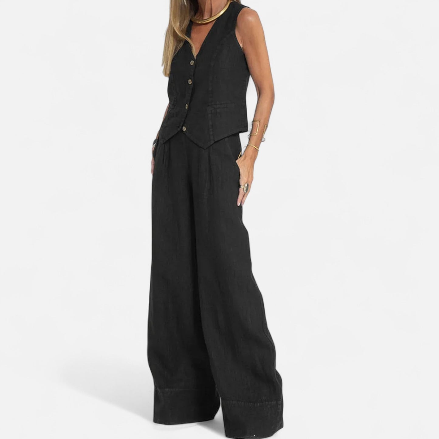 Old Monarchy | Women’s V-Neck Vest & Wide-Leg Trousers Set – Sleek Tailoring with Button Detail for Commute & Casual Elegance
