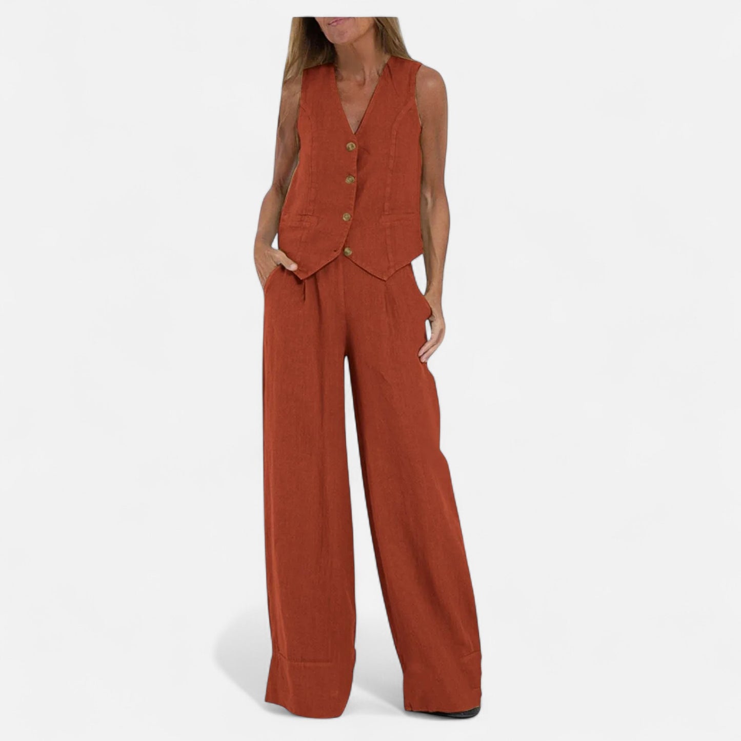 Old Monarchy | Women’s V-Neck Vest & Wide-Leg Trousers Set – Sleek Tailoring with Button Detail for Commute & Casual Elegance
