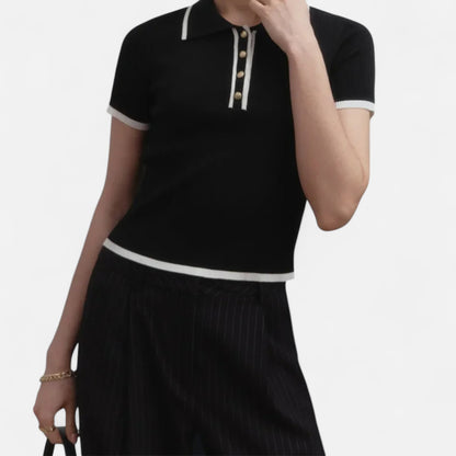 Old Monarchy | Women’s Contrast Lapel Knitted Pullover – Elegant Short Sleeve Sweater Top