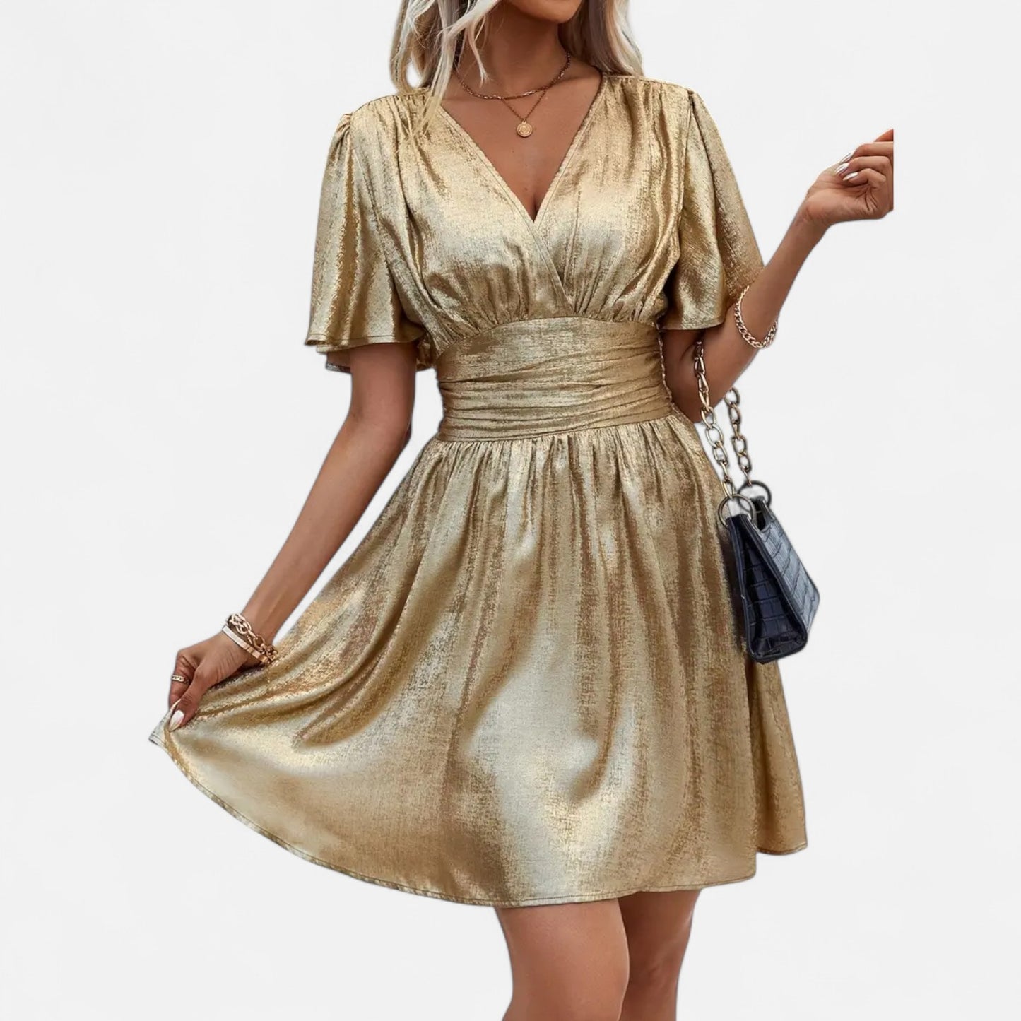 Old Monarchy | Women’s Flutter Sleeve Dress – Draped Grace, Crossed Waist Elegance for Refined Occasions