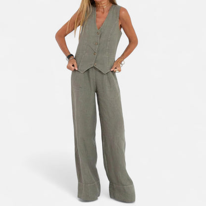 Old Monarchy | Women’s V-Neck Vest & Wide-Leg Trousers Set – Sleek Tailoring with Button Detail for Commute & Casual Elegance