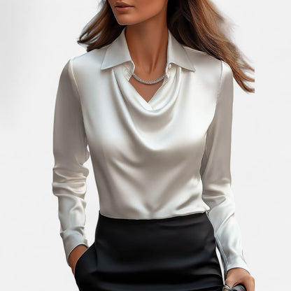 Old Monarchy | Women's White Satin Blouse – Draped Neckline, Timeless Elegance