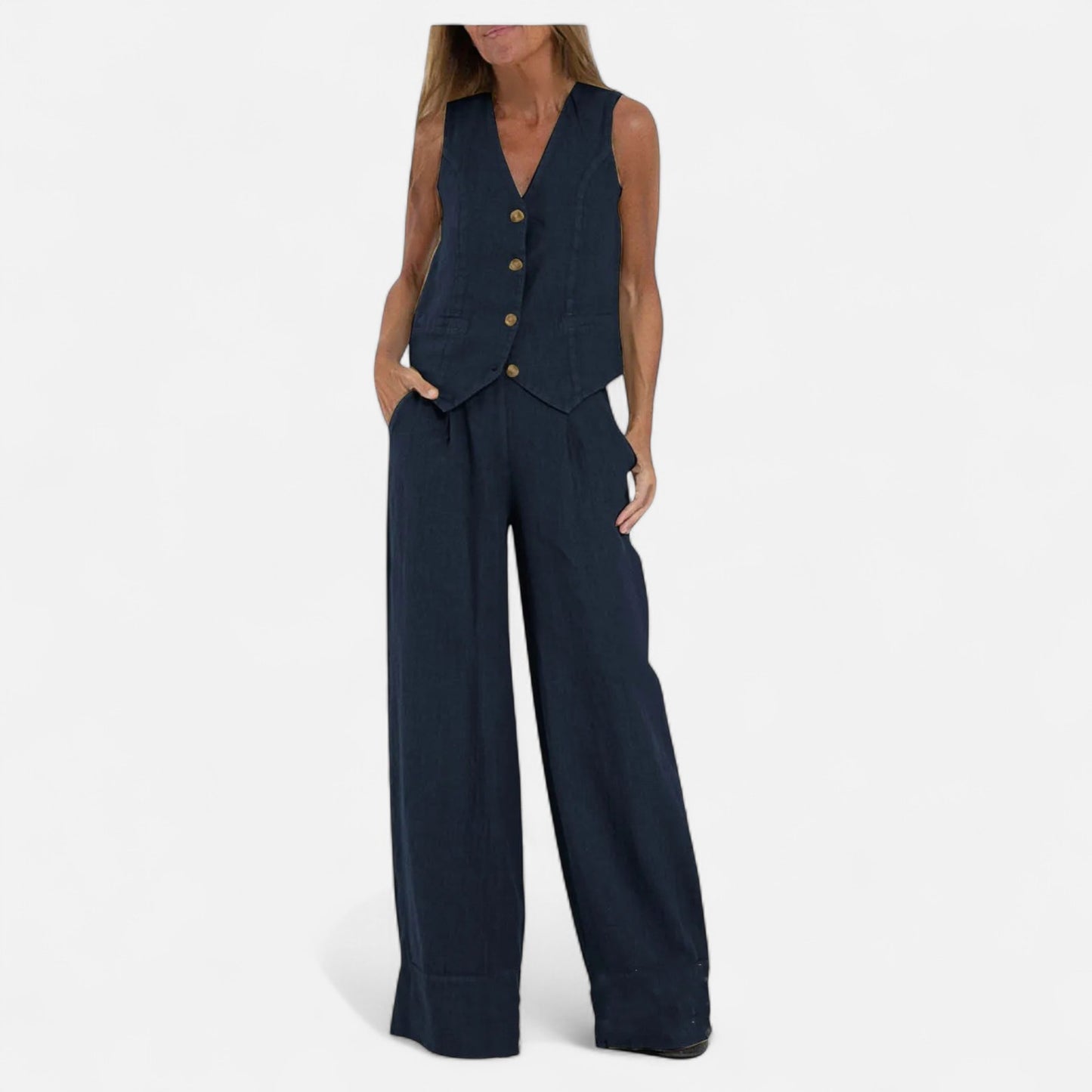 Old Monarchy | Women’s V-Neck Vest & Wide-Leg Trousers Set – Sleek Tailoring with Button Detail for Commute & Casual Elegance