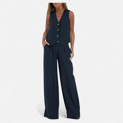 Old Monarchy | Women’s V-Neck Vest & Wide-Leg Trousers Set – Sleek Tailoring with Button Detail for Commute & Casual Elegance