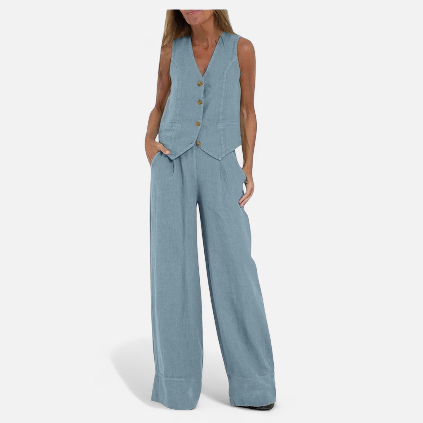 Old Monarchy | Women’s V-Neck Vest & Wide-Leg Trousers Set – Sleek Tailoring with Button Detail for Commute & Casual Elegance