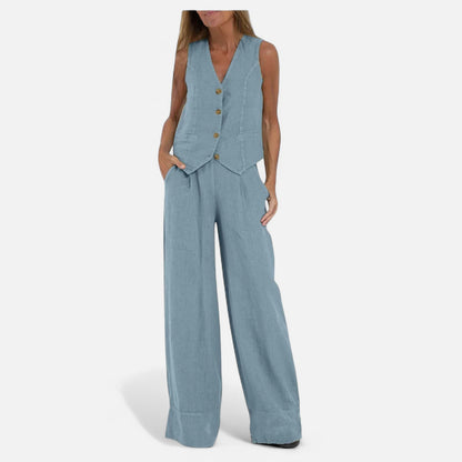 Old Monarchy | Women’s V-Neck Vest & Wide-Leg Trousers Set – Sleek Tailoring with Button Detail for Commute & Casual Elegance