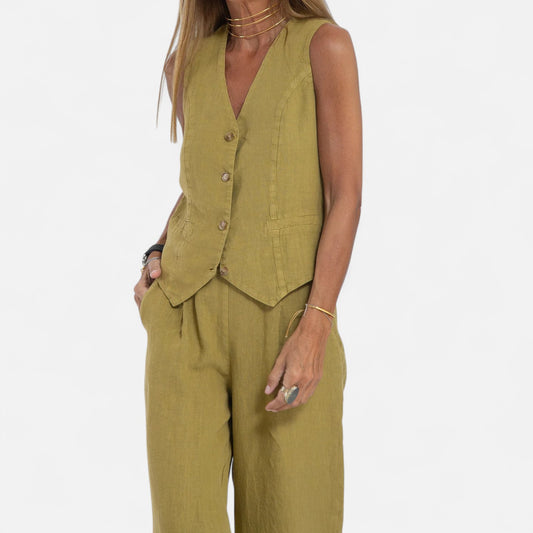 Old Monarchy | Women’s V-Neck Vest & Wide-Leg Trousers Set – Sleek Tailoring with Button Detail for Commute & Casual Elegance